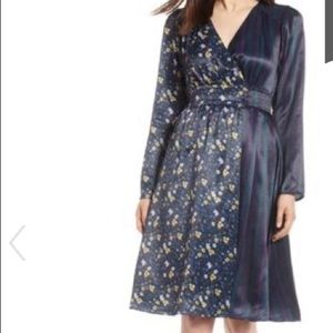 HALOGEN Satin Dress- SATIN FLORAL FAUX WRAP DRESS 8 NEW